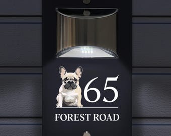 Custom Signs Solar Illuminated Modern Anthracite House Number Sign 24cm x 14.5cm French Bulldog Dog Design
