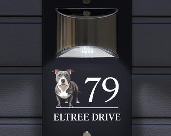 Custom Signs Solar Illuminated Modern Anthracite House Number Sign 24cm x 14.5cm Staffordshire Bull Terrier Staffie Dog Design