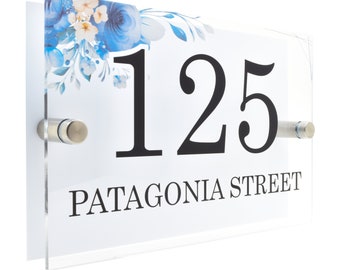 Blue Flowers Modern Glass Effect Acrylic House Sign | Custom Number Plaque Name