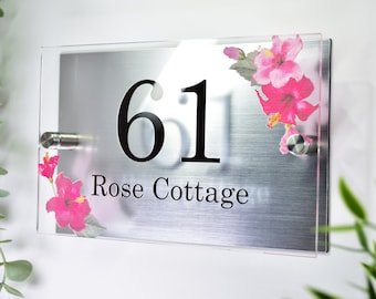 Personalised Pink Hibiscus Rosa-Sinensis House Number Plaque | Modern Glass Effect Acrylic Sign