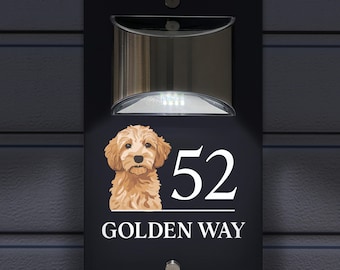 Custom Signs Solar Illuminated Modern Anthracite House Number Sign 24cm x 14.5cm Goldendoodle dog Design