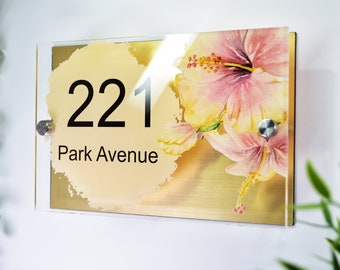 Personalised House Sign with Custom Backplate Options | Summer Watercolour Flowers House Sign | Modern Glass Effect Acrylic Plaque
