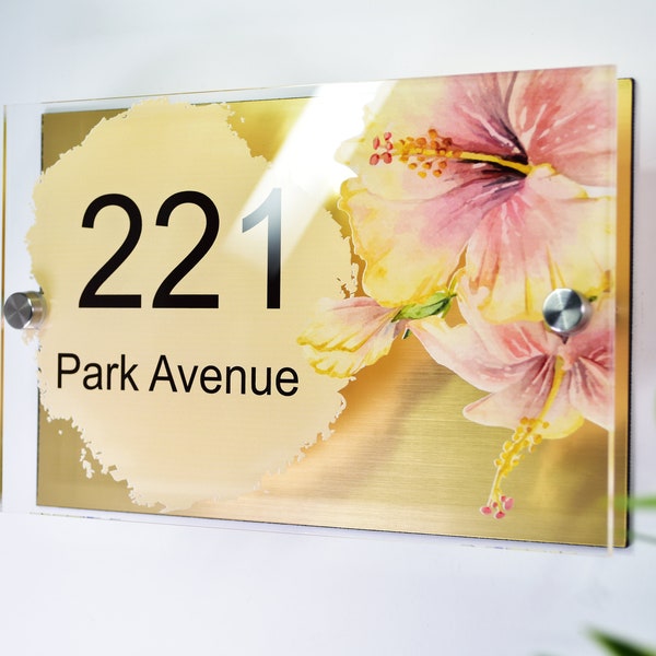 Fleurs d'été aquarelle imprimée moderne acrylique effet verre Plaque de numéro de maison en acrylique aluminium brossé
