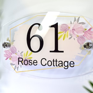 Modern Floral Half Oval Glass Effect Acrylic House Sign | Custom Number Plaque Name