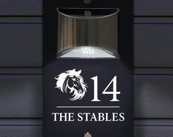 Custom Signs Solar Illuminated Modern Anthracite House Number Sign 24cm x 14.5cm Horse Equestrian Design