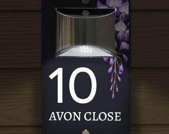 Custom Signs Solar Illuminated Modern Anthracite House Number Sign 24cm x 14.5cm Purple Flower wisteria plant Design