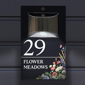 Custom Signs Solar Illuminated Modern Anthracite Grey House Number Sign 24cm X 14.5cm Pink Flowers In Corners Design - View #3