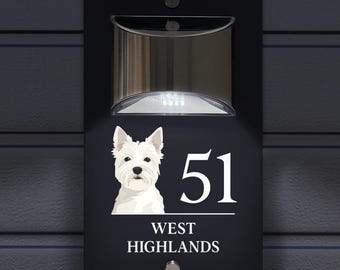 Custom Signs, Solar Illuminated Modern Anthracite House Number plaque 24cm x 14.5cm Westhighland Terrier Westie Dog Design