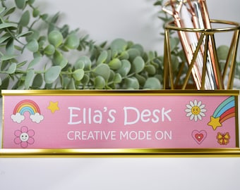 Custom Signs Decorative Children's Groovy Girl Design Background Personalised Children's Desk Name Plaque with Gold Black Silver Stand