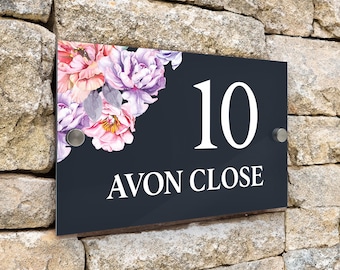 Custom Signs Modern Anthracite House Door Number plaque 20cm x 13cm Large Peony Flower design