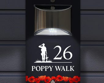 Custom Signs Solar Illuminated Modern Anthracite House Number Sign 24cm x 14.5cm Rememberance Day Poppy Flower Field Design