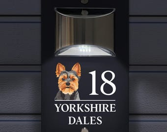 Custom Signs Solar Illuminated Modern Anthracite House Number Sign 24cm x 14.5cm Yorkshire Terrier Dog Design