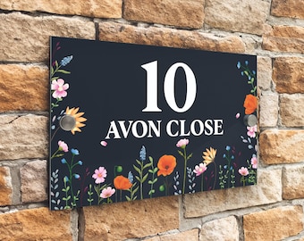 Letreros personalizados modernos gris antracita para puerta de casa, placa con número de 20 cm x 13 cm, diseño de prado de flores silvestres