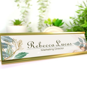 Custom Signs Green Floral Border: Home Office Graduation Gift, Desk Decoration, Personalized Name Plaque, Gold and Black Sign