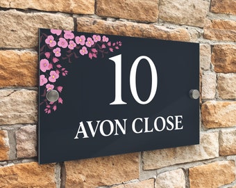 Letreros personalizados modernos de antracita para puerta de casa, placa con número de 20 cm x 13 cm, diseño de flor de cerezo