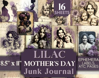 Fête des mères, téléchargement numérique, kit, cadeau pour maman, vintage, éphémère, floral, violet, violet, fleur lilas, maman et fille