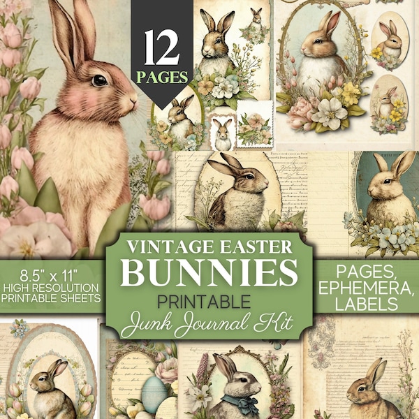 Junk Journal, Bunnies, shabby Chic, Ephemera, Ostern, bedruckbar, Seiten, pingelige Schnitte, Papier, Frühling, Eier, Vintage, digitaler Download, Karte