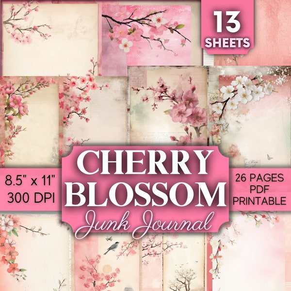 Cherry Blossom, Junk Journal, Pages, Digital Download, Printable, Pink, Sakura, Spring, Vintage, Scrapbook, Paper, Shabby Chic, Flowers