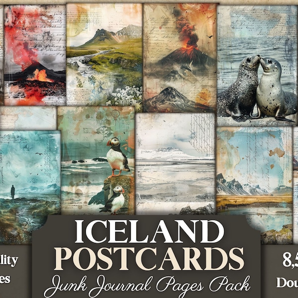 Iceland Postcards Junk Journal Pages, Printable PDF Paper With Beautiful Icelandic Wildlife, Landscapes, Animals, Volcanos For Scrapbook