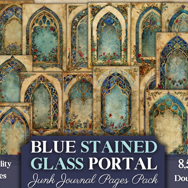 Stained Glass Junk Journal Pages, Medieval Manuscript Paper With Blue Illuminated Portals, Scrapbooking Stationery Printable Supply PDF