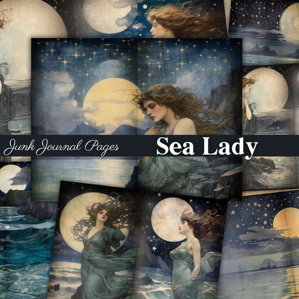 Sea Lady Junk Journal Pages, Mermaid And Night Sky Magical Scrapbook Paper, Celestial Magic Witch Digital Download Printable Siren Set