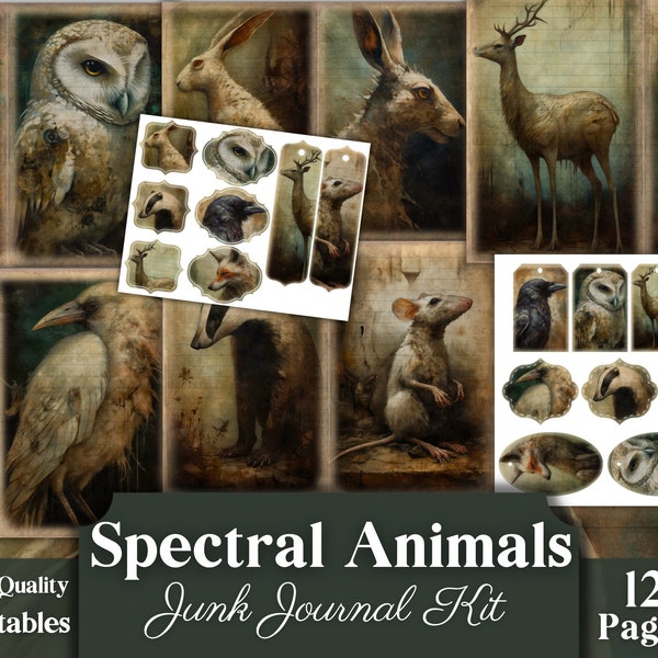 Spectral Animals Junk Journal Kit, Add-Ons, Ephemera, Dark, Mysterious, Forest, Woodland, Scrapbook Paper, Printable, Pages, Journaling Kit