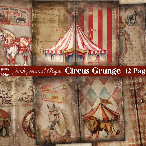 Circus Grunge Junk Journal Pages, Printable Digital Download, Parade Red Harlequin Papers DigiKit for Scrapbook, Vintage / Antique Pattern