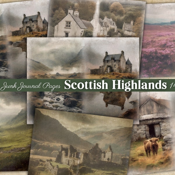 Scottish Highlands Junk Journal Pages, Printable Digital Download, Scotland Highlander Paper For Scrapbook / Collage, Castle And Farmhouse