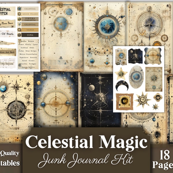 Celestial Magic Junk Journal Kit, Pages, Ephemera, Words, Stars, Moon Phases, Magic, Horoscope, Cosmos, Cosmic, Galaxy, Antique, Add-Ons