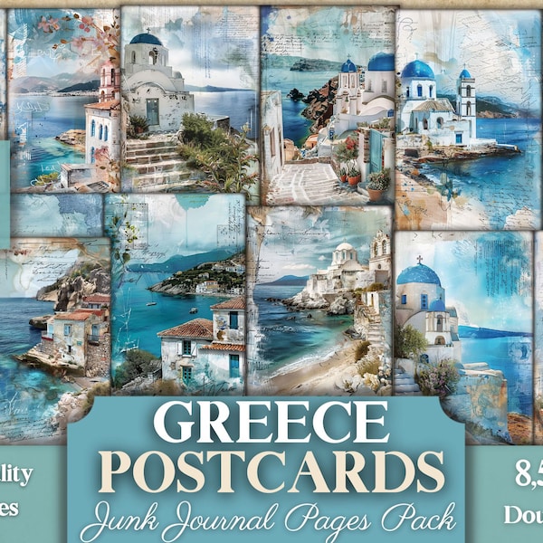 Greece Postcards Junk Journal Pages, Printable PDF With Beautiful Greek Summer Vacation Eurotrip Landscapes And Wildlife, Santorini Island