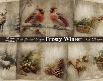 Frosty Winter, Junk Journal Pages, Printable Digital Download, Christmas and Snow Inspired Scrapbook and Collage Paper, Bullfinch and Holly