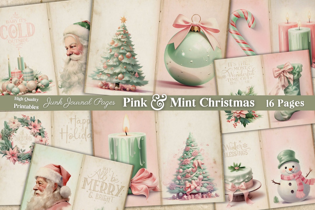 Pink & Mint Christmas Junk Journal Pages, Printable Digital Download ...