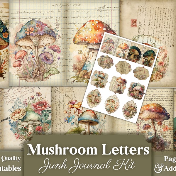 Mushroom Letters, Junk Journal Kit, Add-Ons, Junk Journal Pages, Vintage, Hippie, Whimsical, Parchment Paper, Writing, Postcards, Ephemera