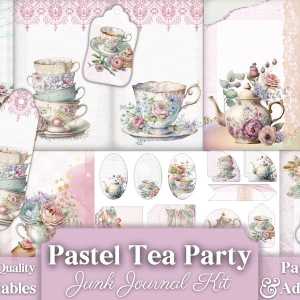 Tea Party Junk Journal Kit, Junk Journal Pages, Porcelain, Pink, English, Rococo, Whimsical, Teapot, Cookies, Flower, Dreamy, Set, Pastel