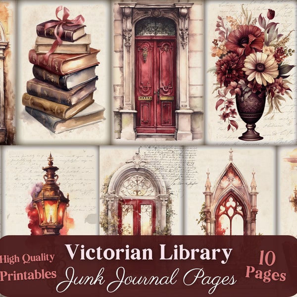 Victorian Library, Junk Journal Pages, Burgundy, Watercolor, Antique, Paper, Printable, Digital Download, Antique, Books, Dark Academia, Set