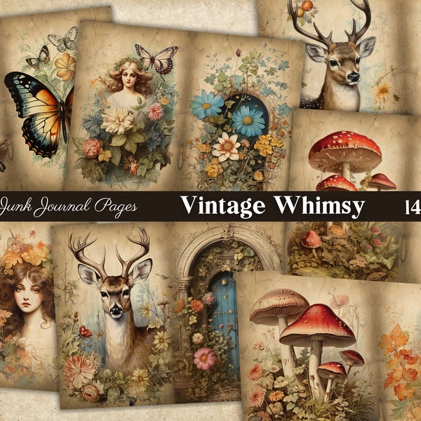 Vintage Whimsy Junk Journal Pages, Printable Digital Download, Butterflies, Floral, Mystical Fairy Scrapbook, Crafting And Collage Paper