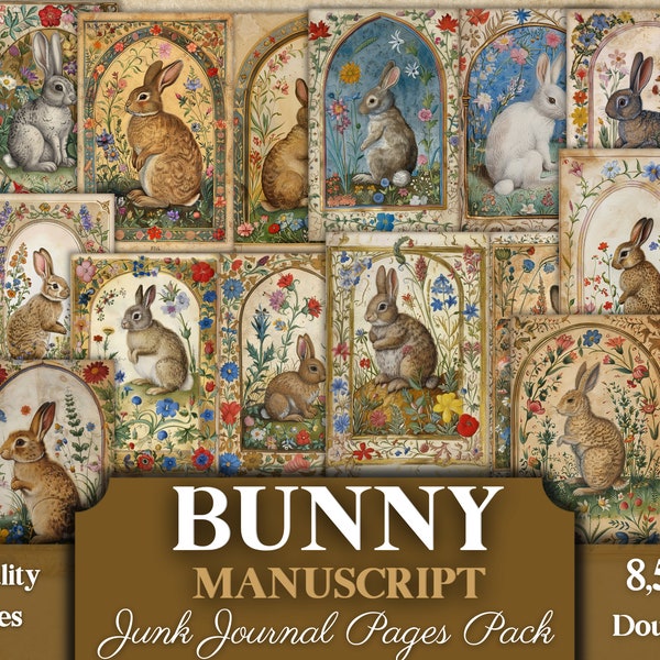 Bunny Manuscript Junk Journal Pages, Illuminated Book Of Hours Inspired Medieval Paper For Spring / Easter Crafts & Scrapbook, Printable PDF