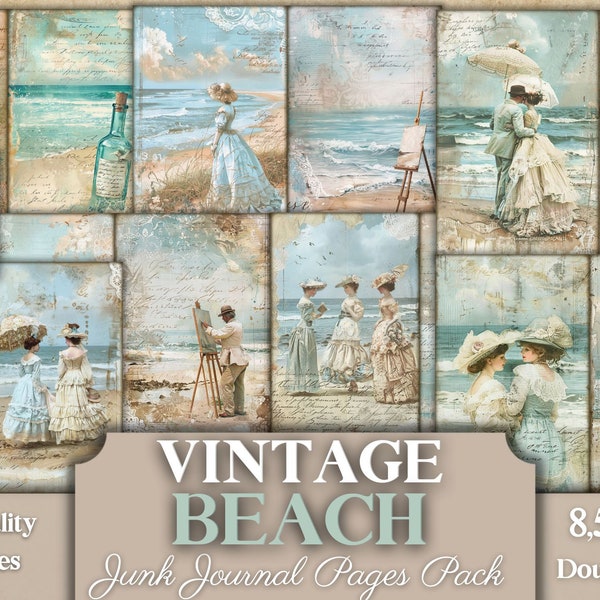 Vintage Beach Junk Journal Pages, Printable PDF With Beautiful Romantic Victorian Seaside Sceneries, With Lovers, Painters, Ships, Family