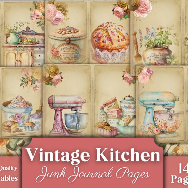 Vintage Kitchen Junk Journal Pages, Antique, Farmhouse, Cottage, Cottagecore, Baking, Bakery, Cakes, Cooking, Scrapbook, Collage, Set