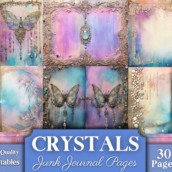 Crystals Junk Journal Pages, Iridescent Scrapbook, Printable, Vintage, Butterflies, Sparkly, Diamonds, Jewelry, Colorful, Violet, Bejewelled