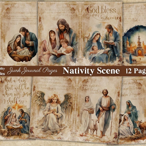 Nativity Scene Junk Journal Pages, Printable Digital Download, Jesus Mary and Joseph, Christmas Angels, Biblical Magi, Christian Bible Verse