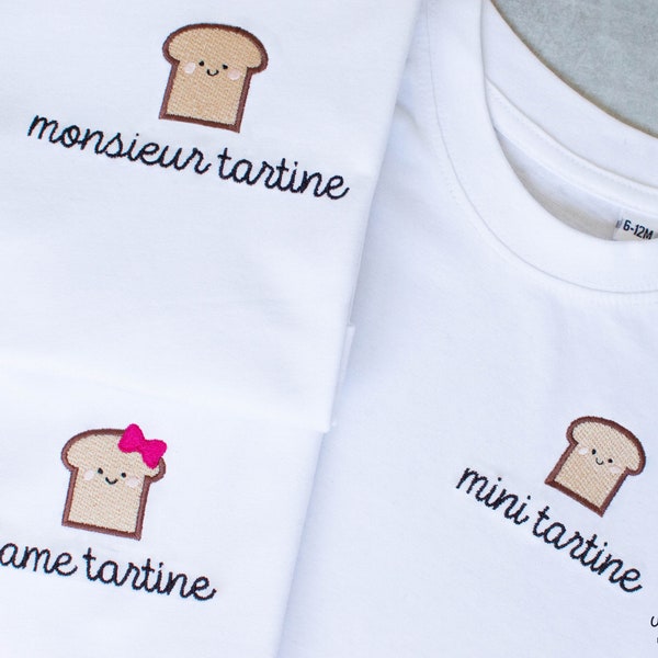 T shirt personnalisé brodé famille tartine, ensemble couple matchy matchy, idée cadeau, homme femme enfant, coton bio