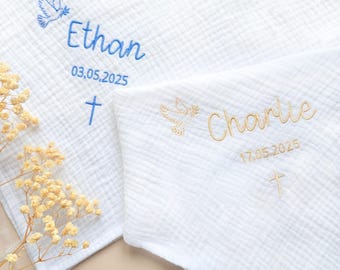 Chal de bautizo bordado personalizado – Nombre y fecha – Muselina de algodón – Chal/Estola para ceremonia – Paloma y cruz