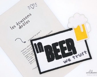 x1 écusson thermocollant in beer we trust, patch humour bière, écusson à coudre, accessoire de mercerie, diy et personnalisation