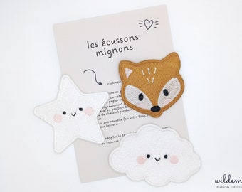 x3 écussons thermocollants, patch nuage étoile renard kawai, écusson pour enfant à coudre, accessoire de mercerie, diy et personnalisation