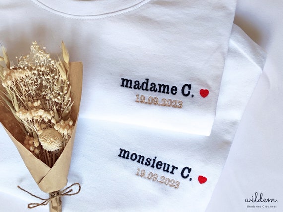 Lot de 2 duo brodés personnalisés  - Monsieur & Madame inclusif initiale date, tshirt mariage matchy matchy, idée cadeau couple, Coton bio