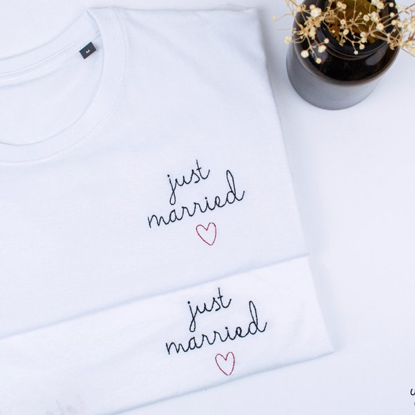 Lot de 2 t shirt brodé unisexe just married, tshirt mariage matchy matchy, idée cadeau couple juste mariés, t-shirt coton bio