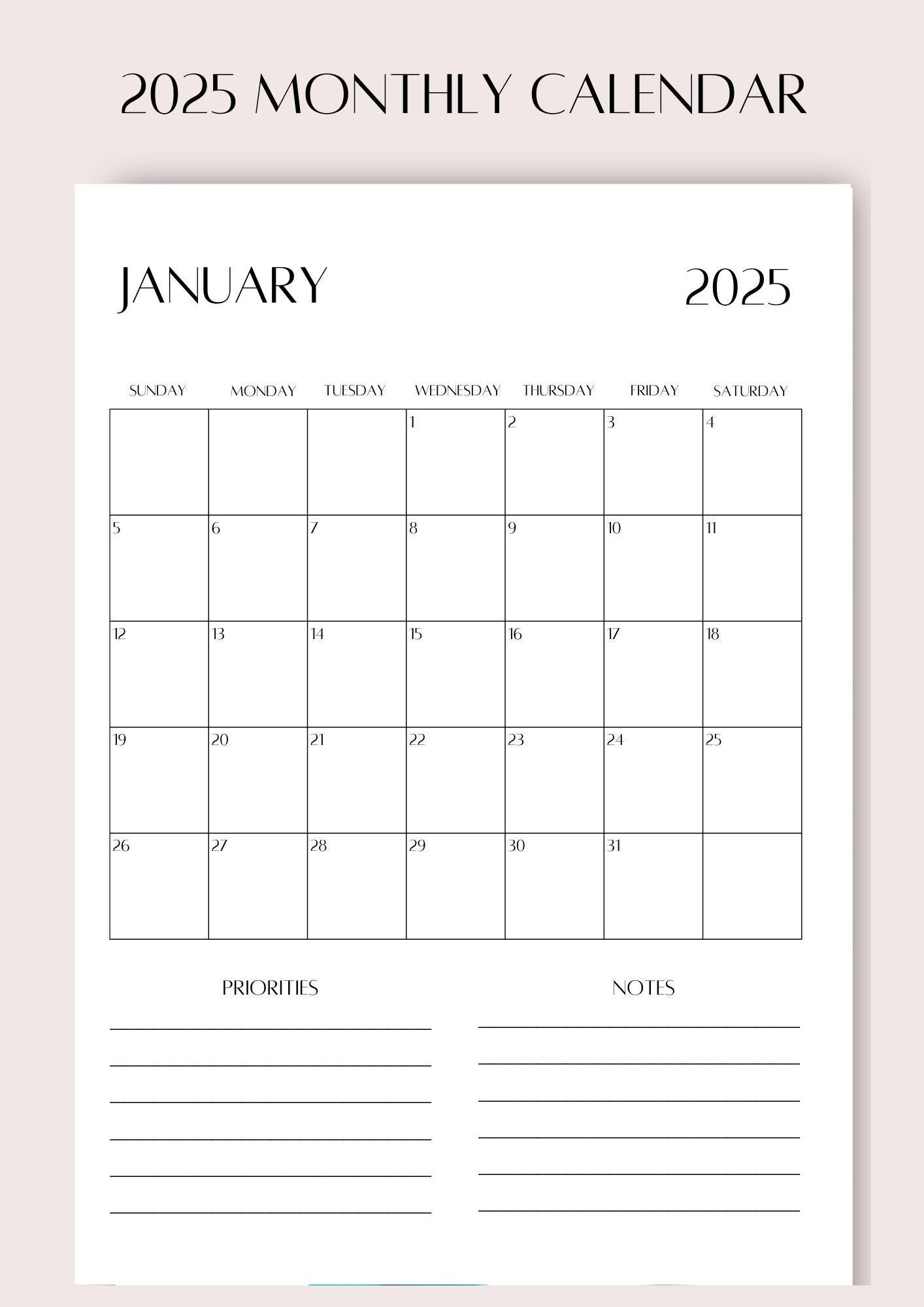 Printable 2025 Calendar Monthly Planner Monthly Organizer Monthly