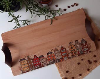 Amsterdam Houses Handpainted Wooden Tray, Wooden Serving Board With Leather Handles, Unique Gift İdea for Mothers Day, Coffee Table Decor