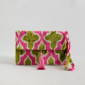 Silk Ikat Clutch Bag, Evening Bag, Mini Bag, Silk Velvet Handbag, Women Clutch Bag, Pink Green Handbag